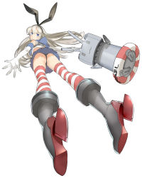 Rule 34 | 10s, 1girl, ass, black panties, blonde hair, blue eyes, blush, boots, elbow gloves, full body, gloves, grey footwear, hairband, innertube, kantai collection, long hair, looking at viewer, looking back, mikurou (nayuta), panties, pantyshot, personification, rensouhou-chan, shimakaze (kancolle), simple background, skirt, socks, solo, striped clothes, striped socks, striped thighhighs, swim ring, thighhighs, underwear, upskirt, white gloves