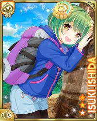Rule 34 | 1girl, alternate costume, backpack, bag, blue jacket, card, character name, day, forest, fossil, girlfriend (kari), green hair, hair ornament, hiking, holding, ishida isuki, jacket, leggings, map, mountain, nature, official art, open mouth, outdoors, qp:flapper, rock, shirt, short hair, shorts, smile, solo, standing, symbol-shaped pupils, tagme, thighhighs, yellow background, yellow eyes