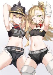 2girls ;p armpits arms_behind_head black_helmet black_shorts blonde_hair breasts commentary covered_erect_nipples gradient_background green_eyes grey_background helmet highres lengkuass looking_at_viewer luciana_de_montefio midriff multiple_girls navel one_eye_closed piper_wheel red_eyes shorts side_ponytail small_breasts standing thighhighs tongue tongue_out white_thighhighs zenless_zone_zero