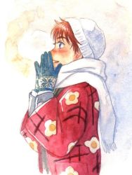 Rule 34 | 1girl, alternate costume, beanie, blue eyes, blush, breath, casual, gloves, hands up, hanten (clothes), hat, izumi noa, japanese clothes, kidou keisatsu patlabor, open mouth, painting (medium), profile, red hair, scarf, short hair, solo, traditional media, upper body, ususionorisio, watercolor (medium), winter clothes