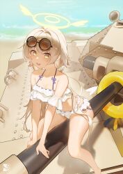 Rule 34 | 1girl, absurdres, bare arms, bare legs, bare shoulders, beach, bikini, blue archive, blush, breasts, cleavage, collarbone, day, eyewear on head, frilled bikini, frills, halo, hifumi (blue archive), hifumi (swimsuit) (blue archive), highres, innertube, light brown hair, long hair, looking at viewer, low twintails, ocean, open mouth, outdoors, rein yukimatsu, sitting, small breasts, smile, solo, sunglasses, swim ring, swimsuit, twintails, white bikini, yellow eyes, yellow halo