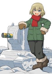 Rule 34 | 1girl, artist name, black pants, blonde hair, blue eyes, bob cut, boots, brown footwear, brown mittens, casual, coat, crossed ankles, fang, fringe trim, girls und panzer, green coat, hand on own hip, highres, katyusha (girls und panzer), kuroneko douji, kv-2, looking at viewer, military, military vehicle, mittens, motor vehicle, open mouth, pants, pringles can, red scarf, scarf, short hair, signature, simple background, smile, snow, snow sculpture, solo, standing, tank, white background, winter clothes