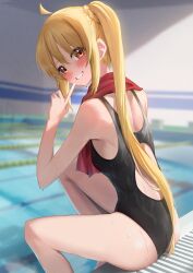 Rule 34 | 1girl, absurdres, ahoge, alternate costume, amane sora, black one-piece swimsuit, blonde hair, blurry, blurry background, blush, bocchi the rock!, brown eyes, commentary request, competition swimsuit, finger to mouth, from behind, highres, ijichi nijika, index finger raised, long hair, looking at viewer, one-piece swimsuit, pool, side ponytail, sidelocks, sitting, smile, solo, swimsuit, teeth, water, wet