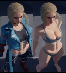 Rule 34 | 1girl, absurdres, blue jacket, bra, breasts, cammy white, cleavage, crop top, cropped jacket, grey bra, grey panties, highres, jacket, malphier, medium breasts, navel, panties, pants, short hair, solo, sports bra, standing, stomach, street fighter, street fighter 6, tight clothes, tight pants, toned, underwear