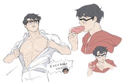 Rule 34 | 1boy, 1girl, ?, abs, black-framed eyewear, black hair, blue eyes, blush, chinese text, clark kent, collared shirt, dc comics, doughnut, eating, finger in own mouth, food, food on face, glasses, highres, hood, hoodie, jenny25424633, large pectorals, lois lane, muscular, muscular male, my adventures with superman, open clothes, open shirt, pectorals, shirt, superman (series), translation request, upper body