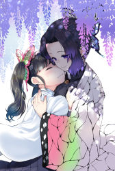 Rule 34 | black hair, black skirt, blunt bangs, blush, breasts, butterfly hair ornament, cape, closed eyes, closed mouth, clothes grab, colored tips, comforting, commentary request, crying, demon slayer uniform, flower, forehead, hair ornament, haori, highres, japanese clothes, kimetsu no yaiba, kochou shinobu, large breasts, long sleeves, multicolored hair, one side up, parted bangs, pleated skirt, purple eyes, purple hair, sidelocks, skirt, smile, tears, tian sheng, tsuyuri kanao, white cape, wide sleeves, wisteria