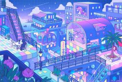 Rule 34 | 1other, aerial tram, bedroom, billboard, bridge, cityscape, death-sensei (mori calliope), flower, grid background, holding, holding scythe, hololive, hololive english, hololive indonesia, itousa, kobo kanaeru, lamppost, mori calliope, official art, palm tree, pastel colors, plant, potted plant, rose, scythe, tree