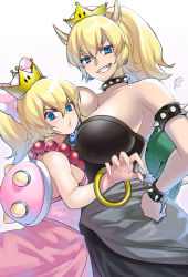 Rule 34 | 2girls, :o, age difference, armlet, bare arms, bare shoulders, black dress, blonde hair, blue eyes, blue gemstone, blush, bow, bowsette, bracelet, breast press, breasts, brown horns, claws, cleavage, collar, crown, dress, earrings, eyes visible through hair, female focus, fingernails, gem, grin, hair between eyes, hair bow, hand on own hip, hand up, hoop bracelet, horns, jewelry, koopalings, large breasts, long hair, looking at viewer, mario (series), medium breasts, monster girl, mother and daughter, multiple girls, neck, necklace, new super mario bros. u deluxe, new super mario bros. wii, nintendo, o3o, pink bow, pink dress, polka dot, polka dot bow, ponytail, serious, sharp fingernails, sharp teeth, shell, short hair, simple background, smile, spiked armlet, spiked bracelet, spiked collar, spiked shell, spikes, standing, strapless, strapless dress, super crown, suzuki nene, teeth, wendy o. koopa, white background