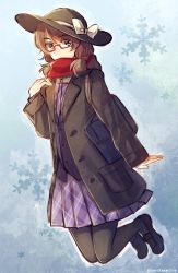 Rule 34 | 1girl, alternate costume, bag, bow, brown hair, coat, duffel coat, full body, glasses, hat, hat bow, kaede (mmkeyy), loafers, looking at viewer, open clothes, open coat, outstretched hand, pantyhose, plaid, plaid skirt, plaid vest, pleated skirt, red-framed eyewear, red scarf, scarf, school bag, school uniform, semi-rimless eyewear, shoes, short twintails, skirt, snowflakes, solo, touhou, twintails, twitter username, usami sumireko, vest, winter clothes