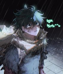 Rule 34 | 1boy, backpack, bag, bodysuit, boku no hero academia, cake delay, cape, crying, crying with eyes open, dark, dirty, dirty clothes, dirty face, empty eyes, film grain, freckles, green bodysuit, green eyes, green hair, hair between eyes, heart, korean commentary, korean text, male focus, midoriya izuku, official alternate costume, parted lips, rain, ripples, sett, solo, spoilers, tears, torn cape, torn clothes, torn sleeves, upper body, wide-eyed, yellow cape