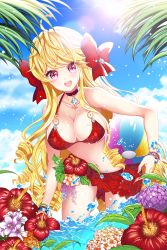 Rule 34 | 1girl, :d, ahoge, ball, beachball, bikini, blonde hair, blue sky, blush, bow, bracelet, choker, cloud, day, drill hair, flower, gem, grass, hair bow, hair flower, hair ornament, hibiscus, highres, hydrangea, ie (nyj1815), jewelry, leaf, long hair, looking at viewer, open mouth, original, outdoors, partially submerged, pink eyes, red bikini, red bow, red eyes, sky, smile, solo, swimsuit, teeth, very long hair, water, water drop, wisteria