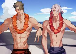 Rule 34 | 2boys, achilles (fate), black wristband, blue male swimwear, brown eyes, closed mouth, collarbone, fate/grand order, fate (series), flower, flower necklace, green hair, grey hair, grin, hair between eyes, haruakira, highres, jewelry, large pectorals, lei, looking at viewer, male focus, male swimwear, mature male, multicolored hair, multiple boys, muscular, muscular male, navel, necklace, odysseus (fate), orange male swimwear, pectorals, short hair, smile, streaked hair, summer, swim trunks, topless male, undercut, v, yellow eyes