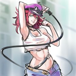 Rule 34 | 1girl, abs, aqua eyes, arm up, armpits, blue eyes, blurry, blurry background, breasts, choker, crop top, cutoffs, denim, denim shorts, hat, juaag acgy, large breasts, navel, pink hair, poison (final fight), short hair, shorts, sketch, smile, tagme, teeth, whip