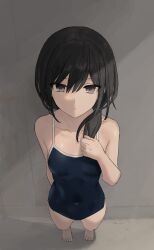 Rule 34 | 1girl, bad link, bare arms, barefoot, black hair, black one-piece swimsuit, breasts, chorefuji, closed mouth, collarbone, commentary request, full body, grey eyes, hair between eyes, hand up, highres, long hair, looking at viewer, looking up, one-piece swimsuit, original, small breasts, solo, standing, swimsuit, toes