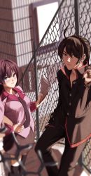 Rule 34 | 1boy, 1girl, absurdres, ahoge, araragi koyomi, arched back, bag, bakemonogatari, black hair, black thighhighs, blue eyes, blurry, blurry background, blurry foreground, blush, breasts, closed mouth, commentary request, dated, depth of field, feet out of frame, fence, film grain, grey eyes, hand on own hip, hand up, highres, holding, holding bag, jihos life, juliet sleeves, korean commentary, leaning back, long sleeves, looking at viewer, medium breasts, mixed-language commentary, monogatari (series), naoetsu high school uniform, necktie, outdoors, pink shirt, pleated skirt, puffy sleeves, purple hair, school uniform, senjougahara hitagi, shadow, shirt, sidelocks, signature, skirt, thighhighs
