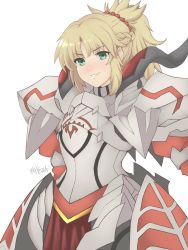 Rule 34 | 1girl, armor, artist name, asdfcobi, blonde hair, blush, braid, cowboy shot, fate/apocrypha, fate/grand order, fate (series), french braid, green eyes, highres, looking at viewer, mordred (fate), mordred (fate/apocrypha), nose blush, ponytail, smile, solo, white background