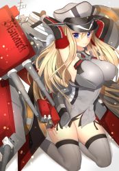 Rule 34 | 10s, 1girl, bismarck (kancolle), blonde hair, blue eyes, breasts, detached sleeves, grey thighhighs, hat, kantai collection, large breasts, long hair, looking at viewer, mataro (matarou), military, military hat, military uniform, peaked cap, personification, solo, thighhighs, uniform