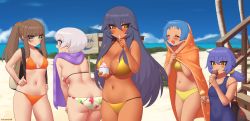 Rule 34 | 5girls, :d, ^ ^, artist name, ass, backpack, bag, bare shoulders, beach, bikini, blanket, blonde hair, blue hair, blue one-piece swimsuit, blush, breasts, brown hair, chinatsu (kuroonehalf), closed eyes, commentary, dark-skinned female, dark skin, day, eyes visible through hair, green eyes, hair between eyes, highres, ice cream cone, kuroonehalf, large breasts, long hair, looking at another, looking at viewer, low twintails, medium breasts, multiple girls, navel, one-piece swimsuit, open mouth, orange bikini, original, outdoors, ponytail, short hair, sign, skindentation, smile, stairs, swimsuit, tongue, tongue out, twintails, very long hair, white hair, yellow bikini, yellow eyes