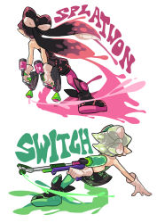 Rule 34 | 2girls, action, ankle boots, black footwear, black hair, boots, callie (splatoon), commentary, cousins, detached collar, dress, dual wielding, earrings, english text, from behind, gloves, gomipomi, green legwear, grey hair, highres, holding, holding weapon, inkling, jewelry, long hair, marie (splatoon), multiple girls, nintendo, nintendo switch, paint splatter, pantyhose, pointy ears, purple legwear, short dress, short hair, short jumpsuit, sliding, splat charger (splatoon), splat dualies (splatoon), splatoon (series), splatoon 2, standing, strapless, strapless dress, tentacle hair, weapon, white gloves