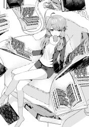Rule 34 | 1girl, ahoge, book, casual, couch, crossed legs, floating, floating book, floating object, food, food in mouth, foot out of frame, greyscale, highres, jacket, kakan (amka), monochrome, mouth hold, open book, open clothes, open jacket, popsicle, shirt, short hair, short shorts, shorts, socks, solo, voiceroid, yuzuki yukari