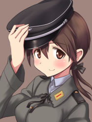 Rule 34 | 1girl, a9b (louis814), blush, brown background, brown eyes, brown hair, gertrud barkhorn, hair ribbon, hat, highres, long hair, military, military uniform, peaked cap, ribbon, simple background, smile, solo, strike witches, twintails, uniform, world witches series
