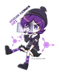 Rule 34 | 1girl, beanie hat, boots, choker, glitch productions, hat, hood, hoodie, humanization, murder drones, purple eyes, purple hair, skirt, striped clothes, striped thighhighs, thighhighs, uzi (murder drones)