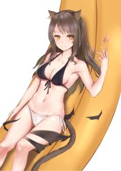 Rule 34 | 1girl, animal ears, arknights, bad id, bad pixiv id, bare arms, bare shoulders, bikini, black bikini, breasts, brown eyes, brown hair, cat ears, cat girl, cat tail, cleavage, closed mouth, collarbone, commentary request, fire, front-tie bikini top, front-tie top, hand up, highres, jilu, long hair, medium breasts, mismatched bikini, navel, side-tie bikini bottom, skyfire (arknights), smile, solo, swimsuit, tail, white background, white bikini