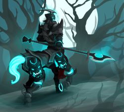 Rule 34 | 1boy, armor, centaur, full body, glowing, glowing eyes, halberd, hecarim, helmet, hooves, league of legends, male focus, moon, nature, outdoors, plant, polearm, shadow, sky, solo, spikes, tail, taur, thecrobot, tree, weapon