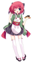 Rule 34 | 1girl, ;d, absurdres, ai 1003, apron, black bow, black footwear, black skirt, bow, fang, food, full body, green eyes, green kimono, hair bow, highres, holding, holding food, holding plate, japanese clothes, kimono, long sleeves, looking at viewer, maid, obi, one eye closed, open mouth, original, plate, pleated skirt, print kimono, red hair, sandals, sash, short kimono, simple background, skirt, smile, solo, standing, thighhighs, wa maid, white apron, white background, white thighhighs, wide sleeves, zouri