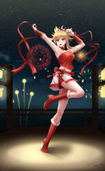 Rule 34 | 1girl, alternate costume, armpits, arms up, bare shoulders, blonde hair, boots, commentary request, detached collar, full body, genshin impact, high heel boots, high heels, highres, long hair, midriff, night, night sky, outdoors, ponytail, red footwear, red ribbon, red shorts, ribbon, shorts, shorts under skirt, skirt, sky, solo, standing, standing on one leg, strapless, thighs, tube top, white skirt, wudi de pangxie, yellow eyes, yoimiya (genshin impact)