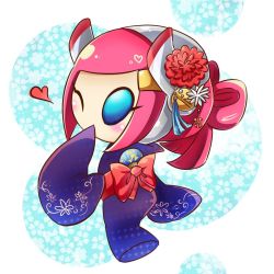 Rule 34 | 1girl, alternate costume, artist request, back, back bow, blue background, blue eyes, blue kimono, blush, bow, chain, emblem, facing away, female focus, floral background, floral print, flower, hair ornament, hairclip, headphones, heart, heart (symbol), highres, hood, japanese clothes, kimono, kirby: planet robobot, kirby (series), long hair, multicolored background, nintendo, no humans, one eye closed, pink hair, solo, source request, susie (kirby), tassel, tassel hair ornament, white background, wink