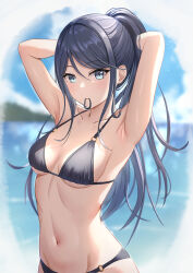 Rule 34 | 1girl, absurdres, armpits, arms up, bikini, black bikini, blue eyes, blue hair, blue sky, cloud, collarbone, day, groin, hair tie in mouth, highres, hoshino ichika (project sekai), long hair, looking at viewer, loulis 0115, mouth hold, navel, o-ring, o-ring bikini, ocean, outdoors, ponytail, project sekai, sidelocks, sky, solo, stomach, swimsuit, tying hair