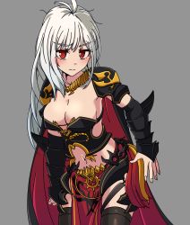 Rule 34 | 1girl, ahoge, arm guards, armor, armored dress, blush, cape, dark templar (dungeon and fighter), dungeon and fighter, embarrassed, female slayer (dungeon and fighter), highres, long hair, red eyes, shoulder guard, sss (komojinos3), thighhighs, white hair