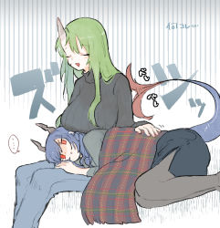 Rule 34 | 2girls, arknights, black shirt, blue hair, breast press, ch&#039;en (arknights), dragon horns, dragon tail, green hair, hair between eyes, horns, hoshiguma (arknights), lap pillow, long hair, mishima coco, multiple girls, pantyhose, red eyes, ribbed sweater, shaded face, shirt, single horn, skin-covered horns, sweater, tail, turtleneck