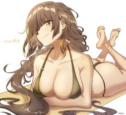 Rule 34 | 1girl, ass, barefoot, bikini, braid, breasts, brown hair, cleavage, commentary request, eyepatch, girls&#039; frontline, large breasts, long hair, m16a1 (girls&#039; frontline), moa (21energy12), mole, mole under eye, scar, single braid, smile, solo, swimsuit, white background, yellow eyes