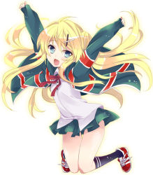 Rule 34 | 10s, 1girl, :d, arms up, bad id, bad pixiv id, blonde hair, blue eyes, full body, hair ornament, hairclip, jacket, jumping, kin-iro mosaic, kujou karen, long hair, nakayama miyuki, open mouth, outstretched arms, pleated skirt, shoes, simple background, skirt, sleeves past wrists, smile, sneakers, solo, x hair ornament