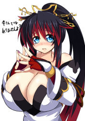 Rule 34 | 1girl, bare shoulders, black hair, blue eyes, blush, breasts, cleavage, detached sleeves, dress, female focus, fingerless gloves, gloves, hair ornament, highres, huge breasts, long hair, looking at viewer, multicolored hair, nail polish, nanbu kaguya, open mouth, ponytail, red hair, rei shabu, simple background, sketch, solo, super robot wars, super robot wars og saga mugen no frontier, translation request, upper body, white background