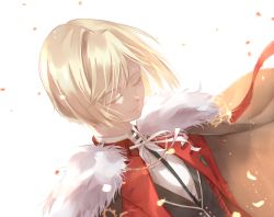 Rule 34 | 10s, 1boy, blonde hair, cape, closed eyes, closed mouth, collared shirt, commentary request, crown, fate/extra, fate (series), fur trim, highres, jacket, leonard bistario harway, long sleeves, male focus, red jacket, shirt, short hair, simple background, solo, tsushima touko