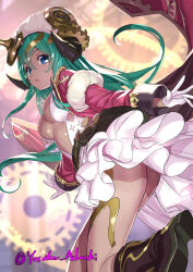 Rule 34 | 1girl, blue eyes, cleavage cutout, clothing cutout, dark-skinned female, dark skin, dress, dutch angle, gears, gloves, green hair, hat, highres, horns, layered dress, mob cap, planar (p&amp;d), puzzle &amp; dragons, single horn, solo, twitter username, white gloves