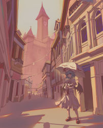Rule 34 | 1girl, absurdres, ascot, balcony, blue hair, bow, building, castle, clock, clock tower, door, dress, frills, hat, hat ribbon, highres, house, looking at viewer, mob cap, pink dress, puffy short sleeves, puffy sleeves, red bow, red eyes, red ribbon, remilia scarlet, ribbon, road, sash, scarlet devil mansion, short sleeves, street, touhou, tower, town, umbrella, window, youpofen
