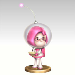 Rule 34 | 1girl, brittany (pikmin), glasses, gloves, gradient background, helmet, nintendo, pikmin (series), pikmin 3, pink hair, simple background, solo, spacesuit, super smash bros., trophy, whistle