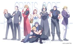 Rule 34 | 2girls, 6+boys, adjusting clothes, adjusting headwear, aerith gainsborough, angeal hewley, aqua eyes, armor, arms around neck, baggy pants, bare arms, belt, bindi, black footwear, black hair, black jacket, black pants, black suit, blonde hair, blue shirt, book, bow, braid, braided ponytail, breasts, brown eyes, brown hair, cissnei, closed eyes, crisis core final fantasy vii, crossed arms, dress, final fantasy, final fantasy vii, flower, flower basket, formal, full body, genesis rhapsodos, glasses, green eyes, grey hair, hair between eyes, hair bow, hair pulled back, hands on own hips, highres, holding, holding book, holding flower, jacket, lazard deusericus, leaning forward, long hair, long jacket, medium breasts, medium hair, multiple boys, multiple girls, necktie, one eye closed, open mouth, pants, parted bangs, pink bow, pink flower, ponytail, sephiroth, shirt, short hair, shoulder armor, sleeveless, sleeveless turtleneck, sleeves rolled up, smile, spiked hair, square enix, squatting, standing, suit, sundress, suspenders, t3 (19841230), tseng, turks (ff7), turtleneck, twitter username, white background, white dress, white pants, white shirt