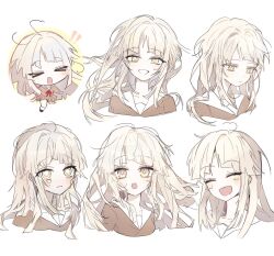 Rule 34 | !, !!, &gt;o&lt;, + +, 1girl, bang dream!, blonde hair, chibi, chibi inset, closed eyes, closed mouth, cropped shoulders, expressionless, expressions, facing viewer, hanasakigawa school uniform, highres, light blush, long hair, looking at viewer, looking down, multiple views, open mouth, school uniform, simple background, smile, sounha 2, straight-on, tsurumaki kokoro, white background, yellow eyes