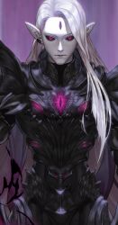 Rule 34 | 1boy, armor, black armor, black sclera, breastplate, close-up, colored sclera, colored skin, dark elf, earrings, elf, expressionless, facial mark, forehead mark, hong mil, jewelry, knight, male focus, original, pointy ears, red eyes, rubble, shoulder armor, solo, standing, white hair, white skin