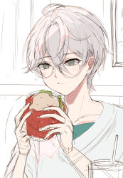 1boy burger eating ensemble_stars! food glass green_eyes green_undershirt grey_hair hair_between_eyes hands_up highres holding holding_burger holding_food looking_at_object natsu_kanna senaga_(pivo) shirt short_hair sketch white_shirt