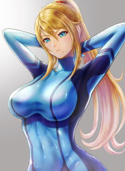 Rule 34 | 1girl, arms behind head, arms up, blonde hair, blue bodysuit, blue eyes, bodysuit, breasts, closed mouth, commentary request, covered collarbone, gradient background, grey background, highres, lips, long hair, long sleeves, medium breasts, metroid, mole, mole under mouth, nintendo, ponytail, samus aran, shiny clothes, sidelocks, skin tight, solo, super smash bros., turtleneck, upper body, wajuniorbox, zero suit