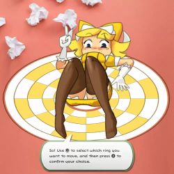Rule 34 | 1girl, animated, blonde hair, blush, dress, english text, gloves, knees up, lying, mario (series), minuspal, nintendo, olivia (paper mario), paper mario, paper mario: the origami king, solo, speech bubble, text box, thighhighs, video