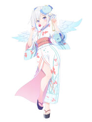 Rule 34 | 1girl, alternate costume, amane kanata, animal print, blue hair, blue kimono, candy apple, commentary request, feathered wings, feet, fish print, food, full body, gradient kimono, grey hair, hands up, highres, holding, hololive, japanese clothes, kimono, legs, looking at viewer, mask, mask on head, multicolored hair, obi, obijime, okobo, one side up, parted bangs, pink hair, platform footwear, print kimono, purple eyes, red sash, sandals, sash, seek arrow, simple background, single hair intake, solo, standing, standing on one leg, streaked hair, teeth, thighs, toes, upao (amane kanata), virtual youtuber, white background, white kimono, wide sleeves, wings, yukata