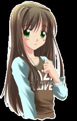 Rule 34 | 00s, 1girl, alternate hairstyle, arima miyako, blouse, blush, brown hair, casual, collarbone, expressionless, green eyes, hair down, hand on own chest, long hair, looking at viewer, melty blood, open mouth, shirt, solo, transparent background, tsukihime, upper body, very long hair