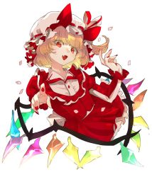 Rule 34 | 1girl, back bow, belt, blonde hair, blunt bangs, bow, buttons, chamaruk, collared shirt, commentary request, crystal, dress, eyelashes, fang, fingernails, flandre scarlet, grey hat, grey ribbon, grey shirt, hat, hat ribbon, highres, jewelry, juliet sleeves, long fingernails, long sleeves, looking at viewer, mob cap, multicolored wings, nail polish, one side up, open mouth, petals, pointing, puffy sleeves, red dress, red eyes, red nails, ribbon, shirt, short hair, simple background, smile, solo, tongue, touhou, upper body, white background, white belt, white bow, wings